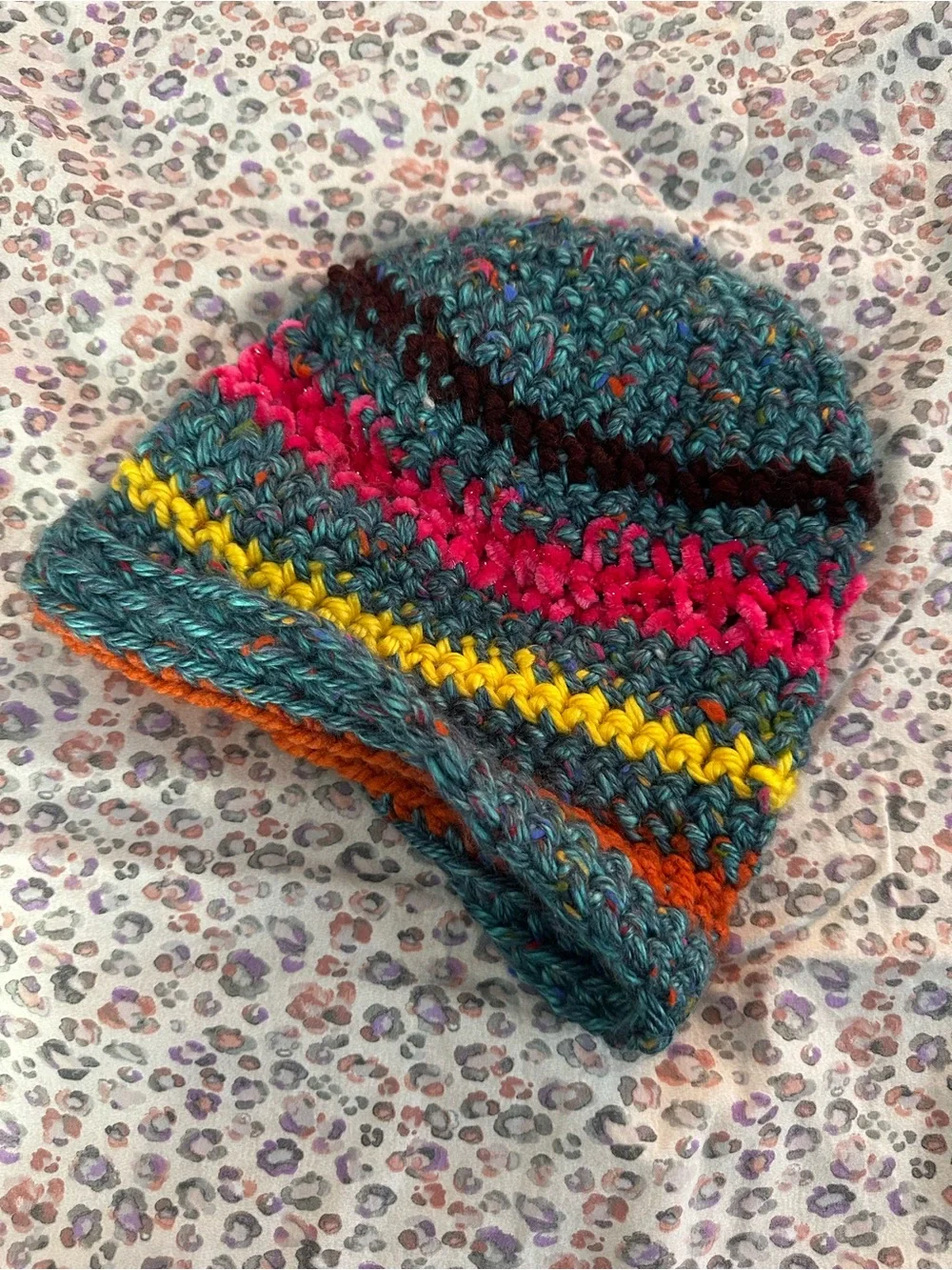 Hand-Knit Kids Beanie in Teal with Pink, Orange & Yellow Accents